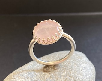 Rose quartz silver ring, handmade, Size 7.5, designer ring in silver with rose quartz in gallery setting