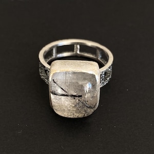 Rutilated quartz ring, size 9.5,  rutilated quartz ring men, rutilated quartz cabochon ring, oxidized silver ring, rutilated quartz black