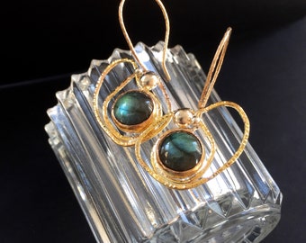 Labradorite earrings, golden hoops with labradorite, precious labradorite earrings, designer earrings with labradorite, designer hoops
