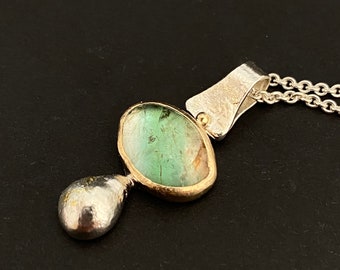 Green tourmaline pendant in silver and gold, handmade necklace with tourmaline cabochon, organic jewelry