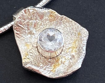 Topaz pendant in silver and 24 K gold, handmade topaz necklace in gold and silver, white topaz necklace