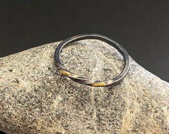 Moebius ring in silver with 24 kt gold, size 6, handmade, black designer möbius ring, oxidized in silver  gold, twisted möbius ring