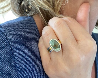 Tourmaline designer ring in silver and gold, handmade, size 7, green tourmaline ring with gold detail