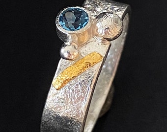 Topaz  designer ring in silver and gold, handmade, size 8,  blue topaz ring, statement ring with Swiss blue topaz