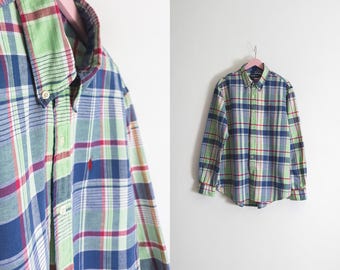 vintage madras plaid button up long sleeve shirt boyfriend fit xl – deep denim blue/light jade green/white/berry/mocha colorway