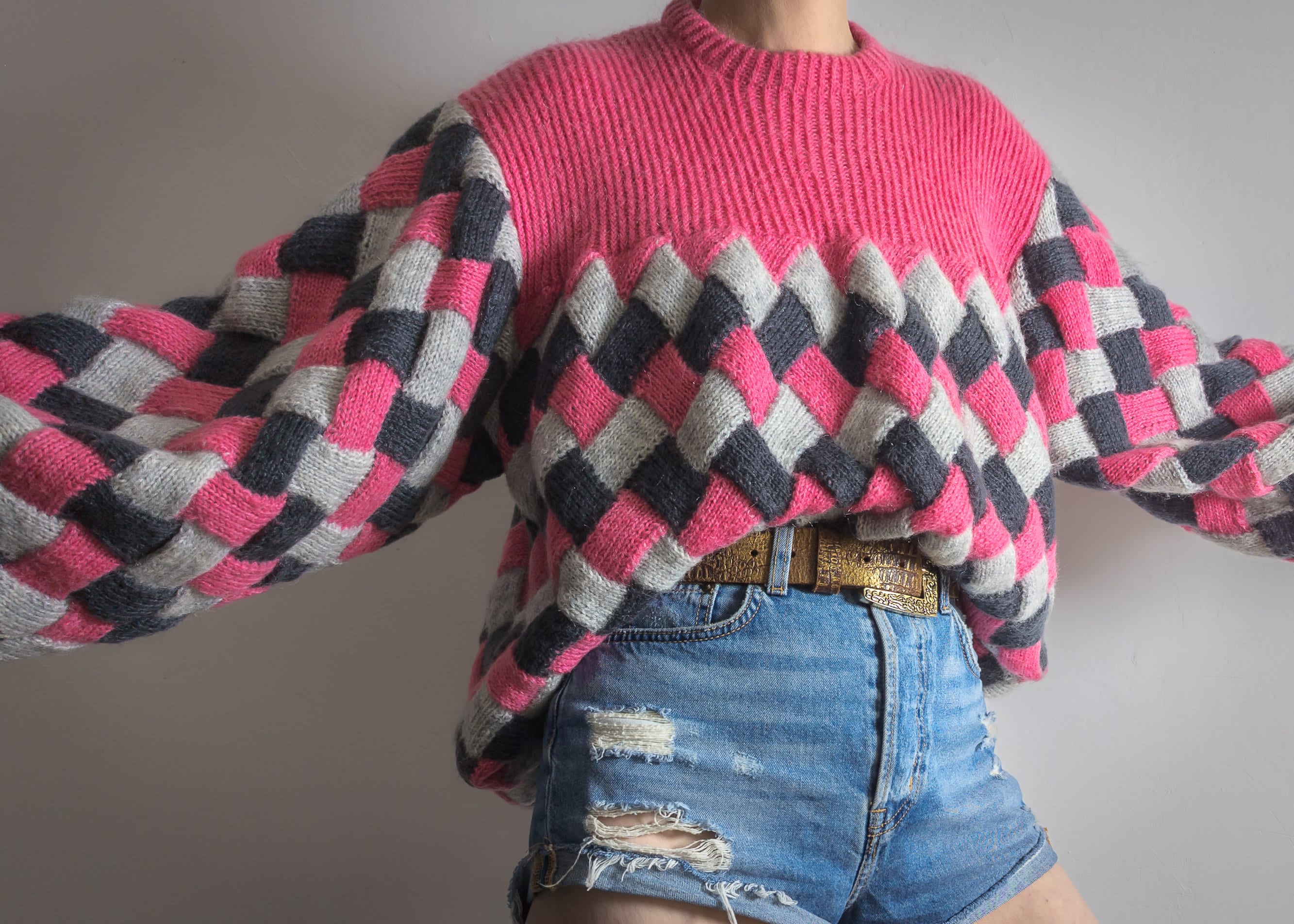Checkered Knit Sweater Balloon Sleeve Knit Check Jumper Vintage Hand ...