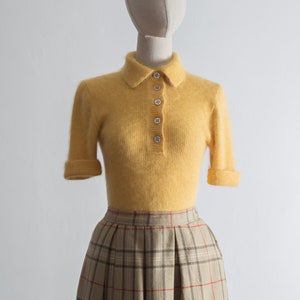 fuzzy angora rib polo sweater vintage 1970s. slim-fitted. fall polo short sleeve. turn back cuffs. collared. retro 70s sweater tee women's S