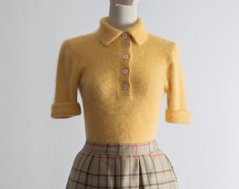 fuzzy angora rib polo sweater vintage 1970s. slim-fitted. fall polo short sleeve. turn back cuffs. collared. retro 70s sweater tee women&#39;s S
