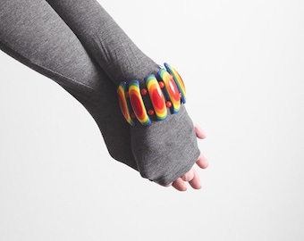 rare vintage marion godart bracelet – chunky multi laminated lucite, paris designer, primary colors statement jewelry
