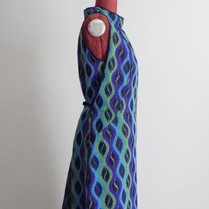 1970s bohemian groovy maxi dress, 70s psychedelic hostess gown - royal purple/chartreuse green/sky blue/black - m/l