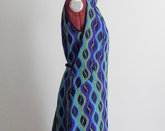 1970s bohemian groovy maxi dress, 70s psychedelic hostess gown - royal purple/chartreuse green/sky blue/black - m/l