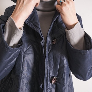 lightweight quilted long trench coat vintage 70's Kleider Mair Innsbruck a-line diamond and striped mix quilt liner-like navy blue coat