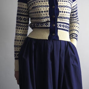 1940's inspired nordic fair isle cardigan austrian bavarian sweater combined w/boiled wool fitted cropped button-up sweater navy blue white