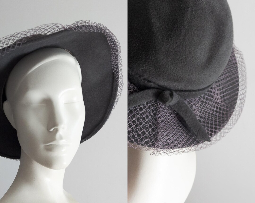Vintage 1960s English Cocktail Hat, Gray Velour Felt Dress Hat