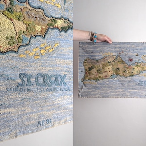 vintage hand embroidery linen wall art – st. croix caribbean map decor – signed af 83 – coastal island fiber art – 22"x15"