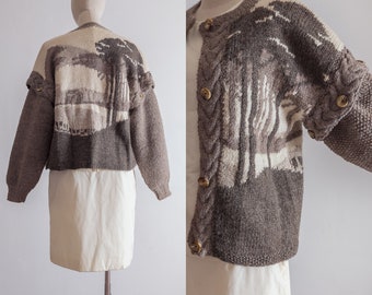 earthy tone landscape scenes knit cardigan button-down intarsia sweater, detachable sleeve, cable knit details, taupe, heather brown color
