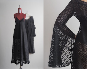 whimsigoth dress set black sheer floral mesh slip camisole dress and witchy duster w/split bell sleeves fairy bohemian 1970s gothic wedding
