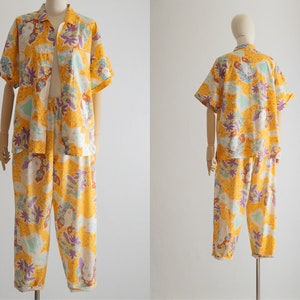 vintage colorful tropical cabana set | cabana shirt | cabana capri pant | cabana capri short set | hawaiian clothes for women | sz s or m