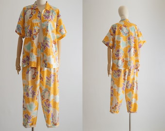 vintage colorful tropical cabana set | cabana shirt | cabana capri pant | cabana capri short set | hawaiian clothes for women | sz s or m