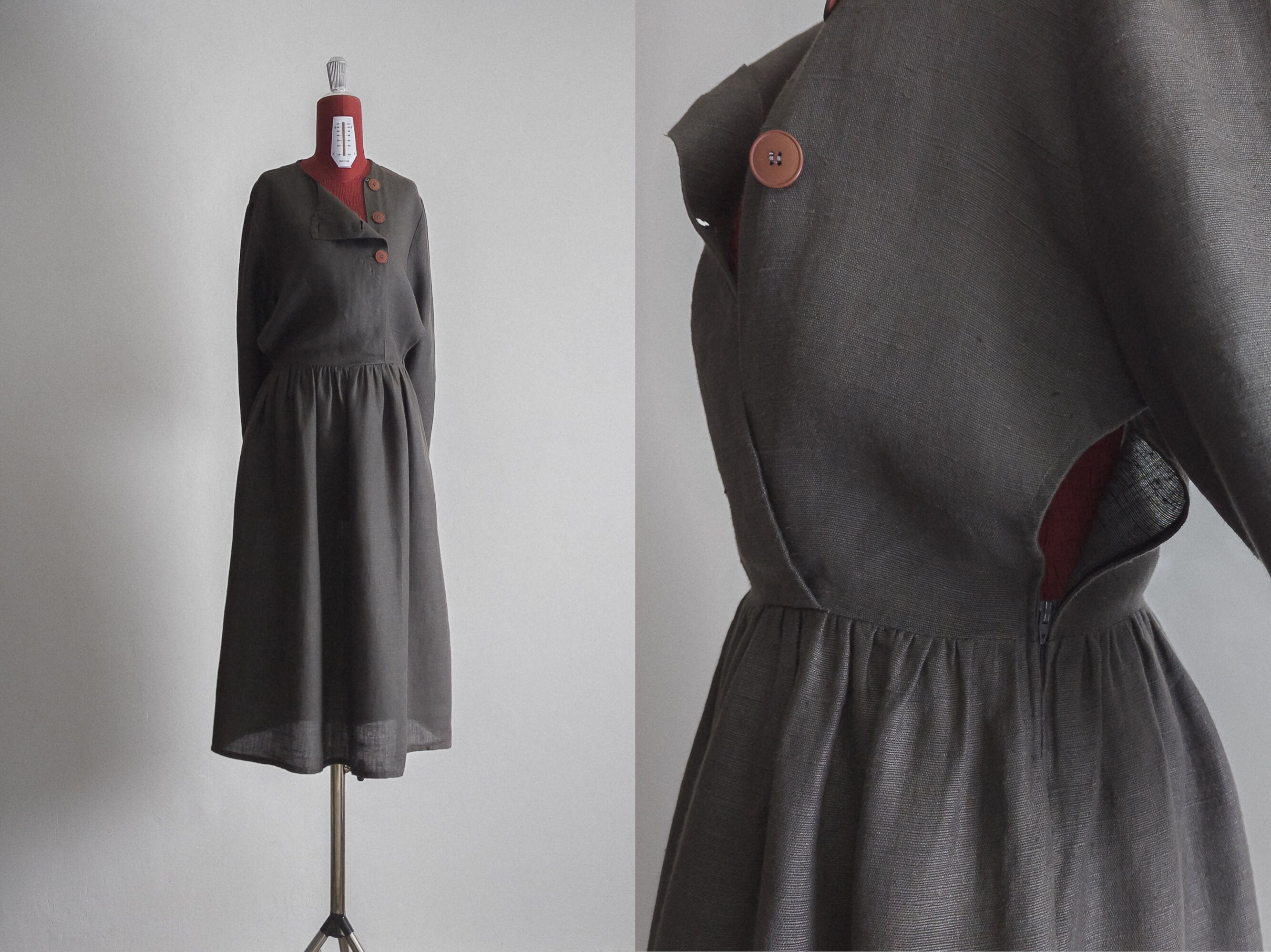 Black linen cheapest wrap dress / 1980s vintage fashion