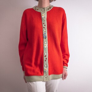 Bavarian embroidered cardigan sweater longline, vintage 1990s edelweiss alpine embroidery, carrot red and taupe acrylic yarn button closure image 4