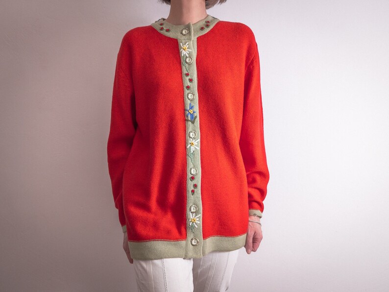 Bavarian embroidered cardigan sweater longline, vintage 1990s edelweiss alpine embroidery, carrot red and taupe acrylic yarn button closure image 4