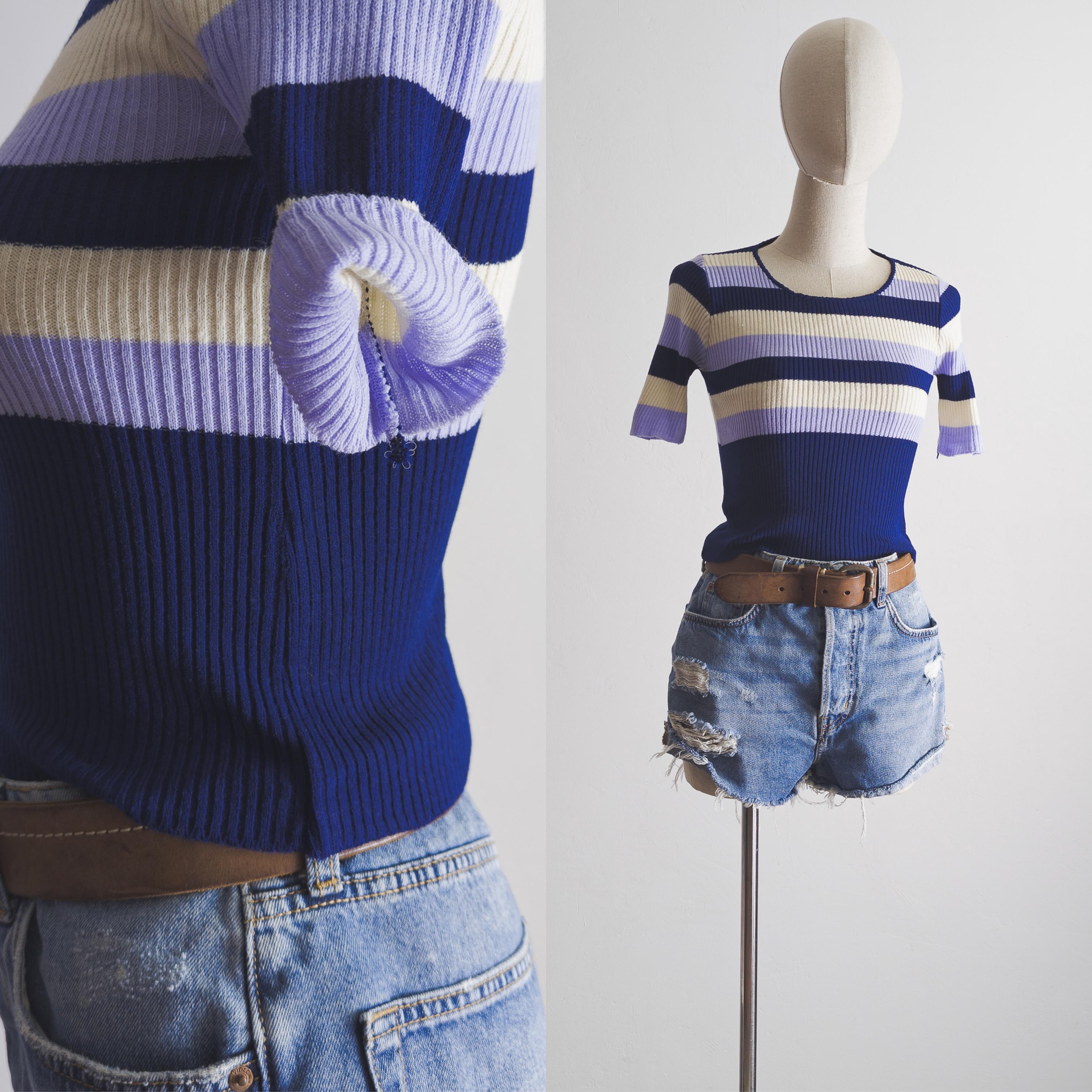 70s mod rib knit tee top—midnight blue/lavender/cloudwhite, horizontal stripes, striped colorblock—xs/s