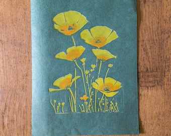 California poppy art original linocut print, cup of gold trendy green wall art, golden poppy modern wall art print, Mexican poppy artwork