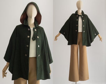 1960s Loden Plankl cape with hood earthy green shepherd check traditional Tracht cape overcoat women green capelet, woolen hoodie cloak rare