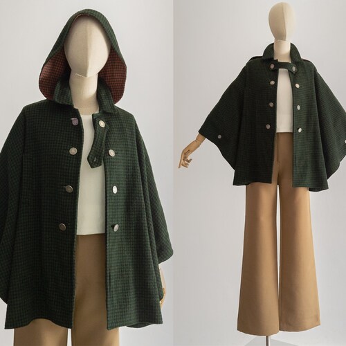 1960s Loden Plankl Cape With Hood Earthy Green Shepherd Check