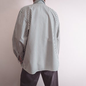 preppy striped dress shirt vintage 1980s 1990s by Comtesse, sage green and white vertical stripes and gingham/vichy check/plaid cotton image 6