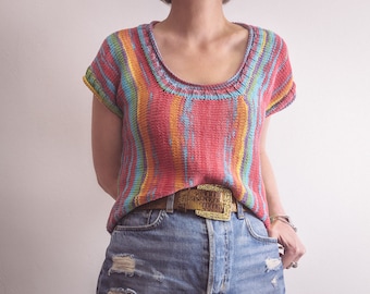 Muted variegated muscle sweater scrappy tee with clear color breaks vintage hand knit, crafted from linen and cotton blend knitted top