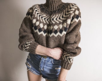chunky mockneck fairisle sweater handknit fair Isle icelandic yoke alpaca wool pullover hand knit handmade earthy dove brown off-white black