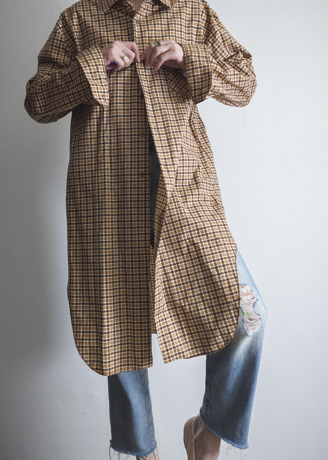 Check Plaid Cotton Shirt Dress Beige/tan/brown s/m/l Etsy