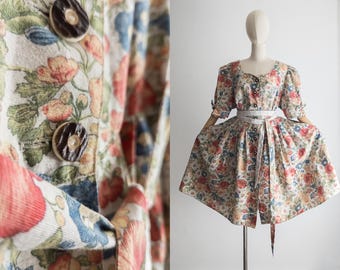 vintage 1990s short peasant dress country house rustic taupe meadow floral linen cotton xl