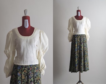 exclusive sleeve linen blouse eggshell white flax with soutache lace trim (s/m)