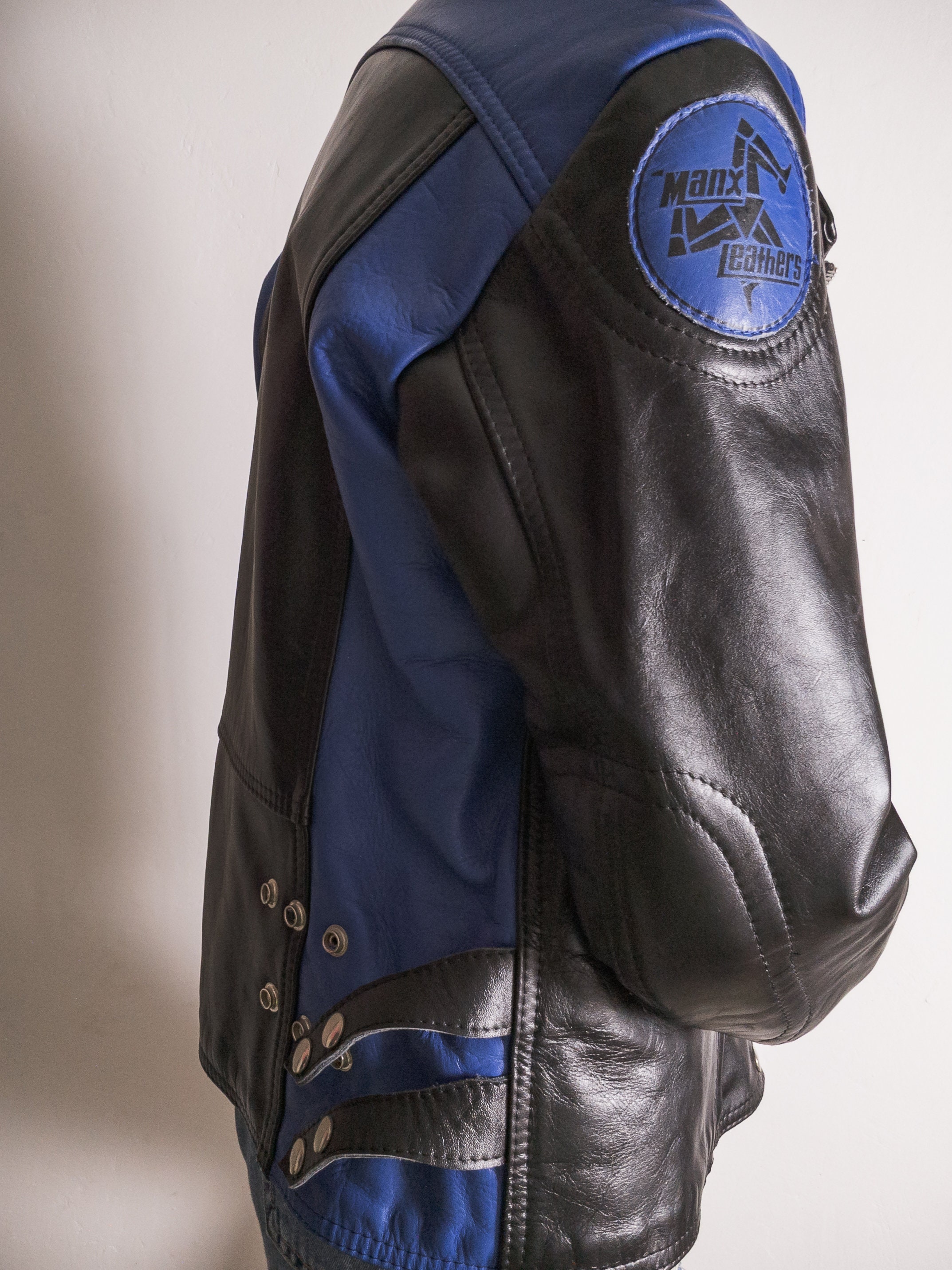 1970's Manx Leathers Logo Biker Jacket Vintage Black Blue