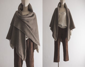 Italian lambswool shawl wrap with collar, versatile taupe color triangular open sweater-shawl shoulder and back warmer. colder season gift