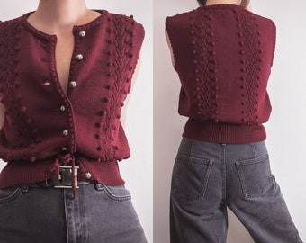 Austrian branch lace knit popcorn sweater vest vintage 80s TIROL Giesswein bavarian rotten cherry wool knit cropped peasant cardigan