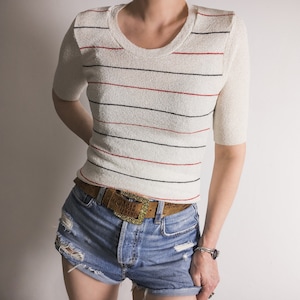 60&#39;s mod pinstripe top vintage 1960s St Michael nylon knit stretch fitted striped tee black and red narrow stripe on the white background 