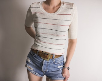 60&#39;s mod pinstripe top vintage 1960s St Michael nylon knit stretch fitted striped tee black and red narrow stripe on the white background 