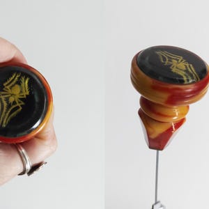 vintage kustom spider shift knob, catalin-inspired marbled red & yellow plastic, hot rod accessory