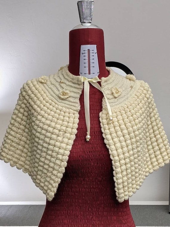 handknit popcorn texture knit cape capelet shoulde