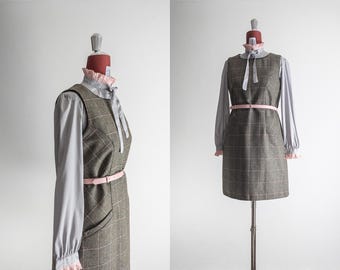 vintage plaid tweed jumper dress – sage green/blush, windowpane plaid – s/m