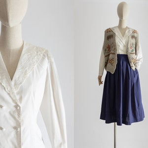 1980s Laura Ashley white blouse w/lace shawl collar, cinched waist shirt, double breasted covered button, long tapered sleeve cotton top