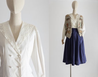 1980s Laura Ashley white blouse w/lace shawl collar, cinched waist shirt, double breasted covered button, long tapered sleeve cotton top