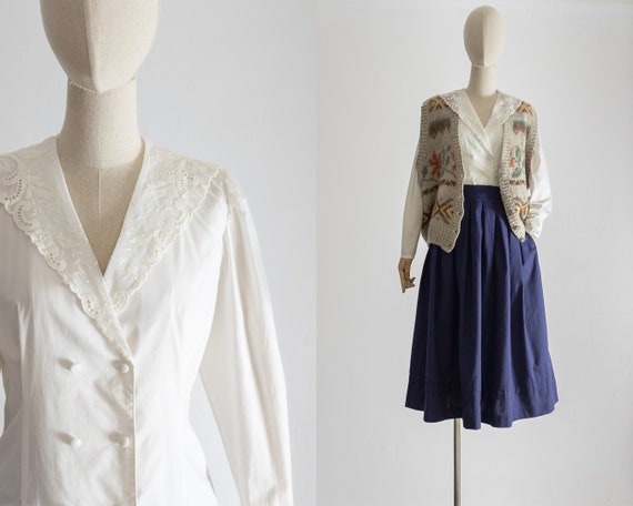 1980s Laura Ashley white blouse w/lace shawl collar, cinched waist shirt, double breasted covered button, long tapered sleeve cotton top