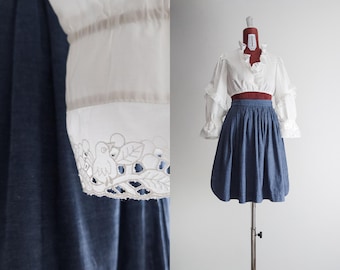 1980s white cotton dirndl peasant top with bird lace trim | vintage blouse m-l
