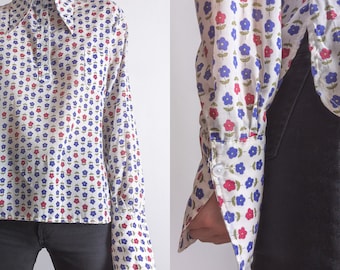 flower power popover hippy 1970s vintage hippie pointed collar henley long sleeve deep cuff patch pocket floral popover shirt voile fabric