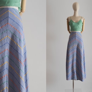 vintage 70s Kronos Greece a-line maxi skirt crinkle chambray cotton in rainbow chevron pattern on slate lilac background | waist 25 inches